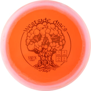An orange and white VIP-X orbit Pine disc golf disc.