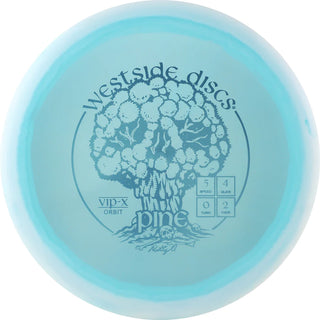 A turquoise and white VIP-X orbit Pine disc golf disc.