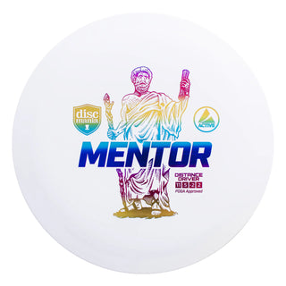 A white Discmania Active Mentor disc golf distance driver.