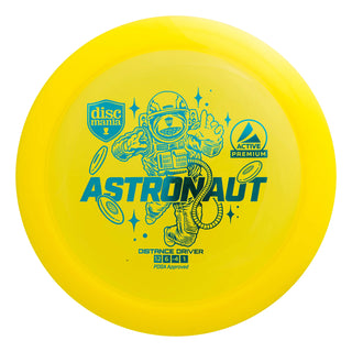 A yellow Discmania Active Premium Astronaut disc golf distance driver.