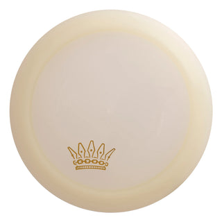 A white Discmania Active Premium Glow Majesty disc golf distance driver - stamped with a crown.