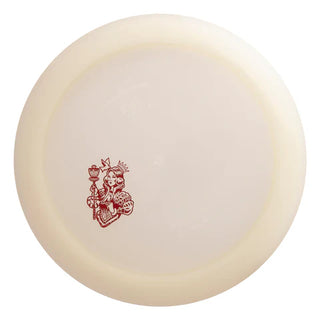 A white Discmania Active Premium Glow Majesty disc golf distance driver - stamped with a picture of a Queen.