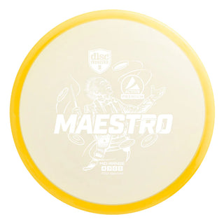 A yellow Discmania Active Premium Maestro disc golf midrange.