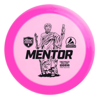 A pink Discmania Active Premium Mentor disc golf distance driver.