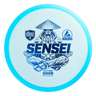 A blue Discmania Active Premium Sensei disc golf putter.