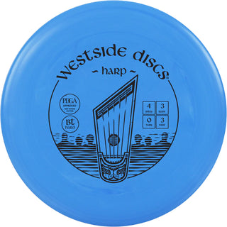 A blue Westside Dsics BT Hard Harp disc golf putter.