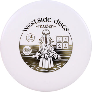 A white Westside Discs BT Hard Maiden disc golf putter.