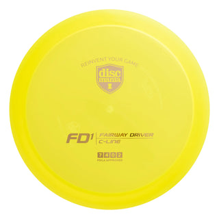A yellow Discmania C-Line FD1 disc golf fairway driver.