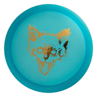 A blue Discmania C-Line FD3 disc golf fairway driver - special edition stamped with a jackal face.