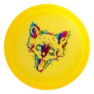 A yellow Discmania C-Line FD3 disc golf fairway driver - special edition stamped with a jackal face.