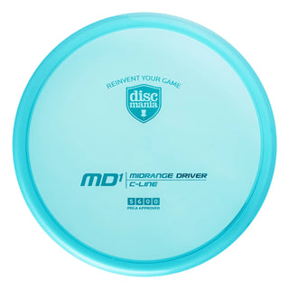 A turquoise Discmania C-Line MD1 disc golf midrange.