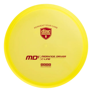 A yellow Discmania C-Line MD1 disc golf midrange.
