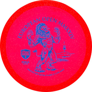 A red Discmania C-Line Metal Flake MD4 disc golf midrange - European Open 2024 edition.
