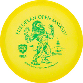 A yellow Discmania C-Line Metal Flake MD4 disc golf midrange - European Open 2024 edition.