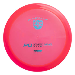 A red Discmania C-Line PD disc golf distance driver.