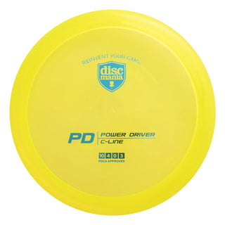 A yellow Discmania C-Line PD disc golf distance driver.