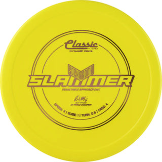 A yellow Dynamic Discs Classic Blend Sockibomb Slammer disc golf putter.
