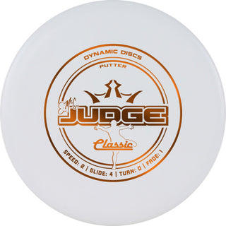 A white Dynamic Discs Classic Emac Judge disc golf putter.