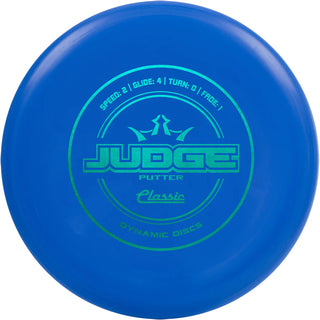 A blue Dynamic Discs Classic Judge disc golf putter.