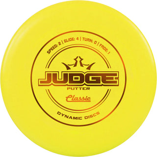 A yellow Dynamic Discs Classic Judge disc golf putter.