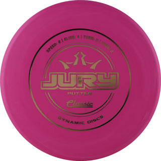 A pink Dynamic Discs Classic Jury disc golf putter.