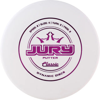 A white Dynamic Discs Classic Jury disc golf putter.