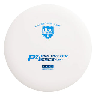 A white Discmania D-Line Flex 1 P2 disc golf putter.