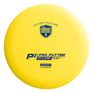 A yellow Discmania D-Line Flex 1 P2 disc golf putter.