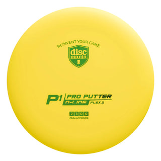 A yellow Discmania D-Line Flex 2 P1 disc golf putter.