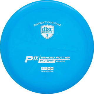 A blue Discmania D-Line Flex 2 P1X disc golf putter.