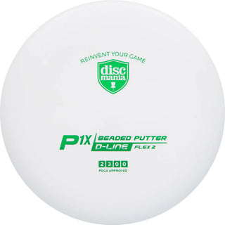 A white Discmania D-Line Flex 2 P1X disc golf putter.