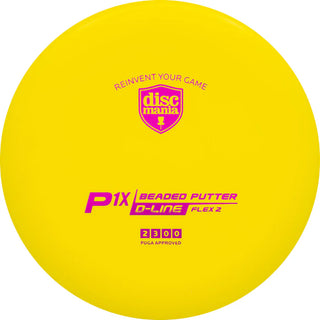 A yellow Discmania D-Line Flex 2 P1X disc golf putter.