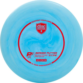 A blue and gold Discmania D-Line Flex 2 Swirl P1X disc golf putter - 10-Year Anniversary edition.
