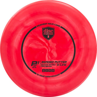 A red and gold Discmania D-Line Flex 2 Swirl P1X disc golf putter - 10-Year Anniversary edition.