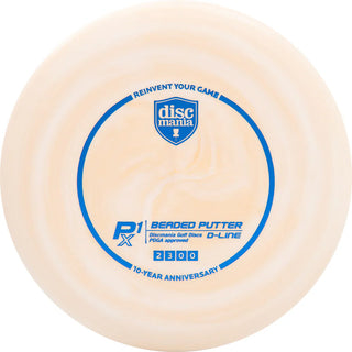 A white and gold Discmania D-Line Flex 2 Swirl P1X disc golf putter - 10-Year Anniversary edition.