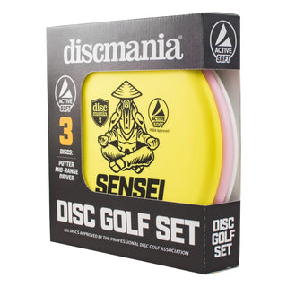 Front view of a Discmania Active Soft Disc Golf set box.