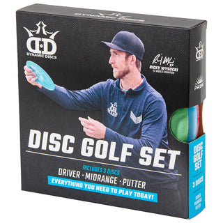 Front view of a Dynamic Discs disc golf set box including three discs.