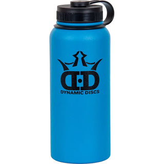 A blue Dynamic Discs Stainless Steel water bottle stamped with a black Dynamic Discs logo on it.