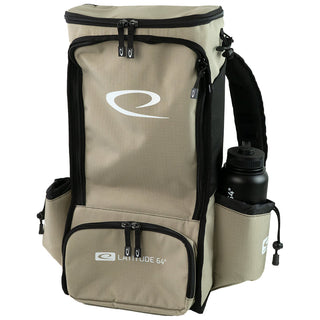 Front view of a beige Latitude 64 Easy Go E2 disc golf backpack.