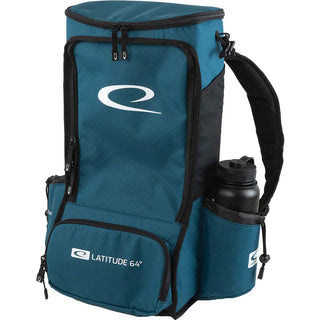 Front view of a blue Latitude 64 Easy Go E2 disc golf backpack.