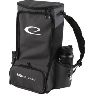 Front view of a gray Latitude 64 Easy Go E2 disc golf backpack.
