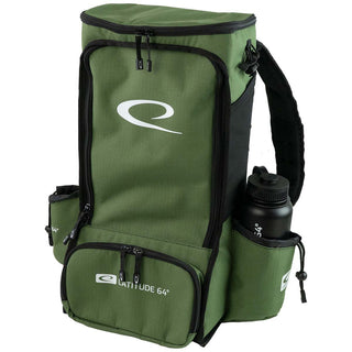 Front view of a green Latitude 64 Easy Go E2 disc golf backpack.