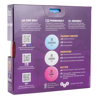 Back view of a Discmania Evolution disc golf set box.