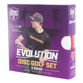 Front view of a Discmania Evolution disc golf set box. The professional disc golfer Simon Lizotte is pictured on the box.