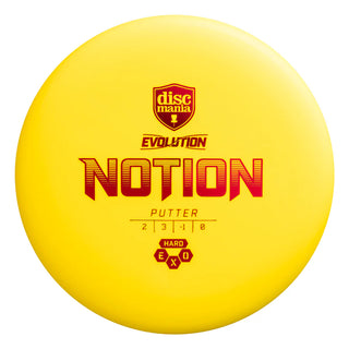 A yellow Discmania Exo Hard Notion disc golf midrange.