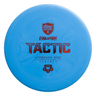 A blue Discmania Exo Hard Tactic disc golf putter.
