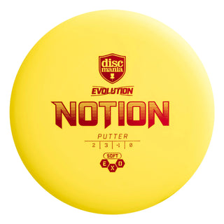 A yellow Discmania Exo Soft Notion disc golf putter.