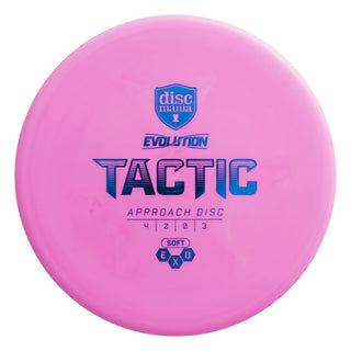 A pink Discmania Exo Soft Tactic disc golf putter.