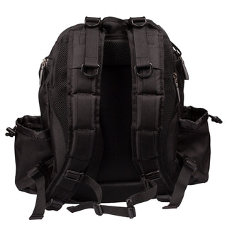 Back view of a black Discmania Fanatic 2 disc golf backpack.