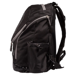Side view of a black closed Discmania Fanatic 2 disc golf backpack.